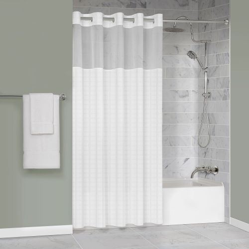 Protect360° Boxed Stripe Shower Curtain, Hook Free, Antimicrobial, Polyester, 71x77, White